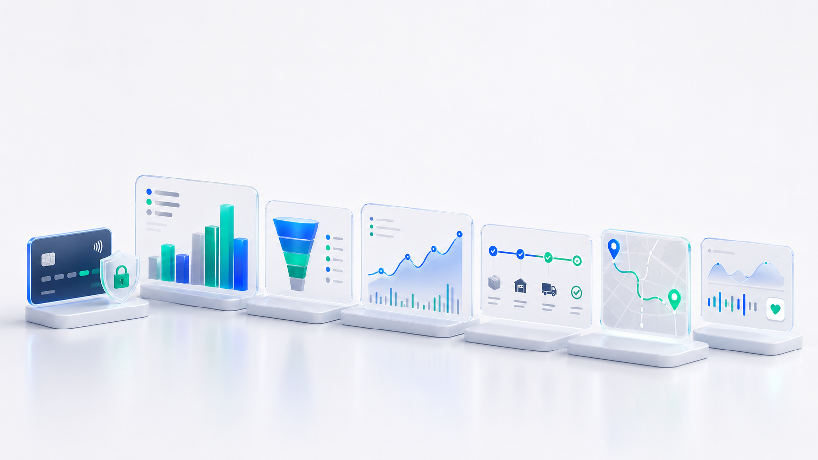 Horizontal ecommerce operations panels showing payments, inventory, orders, analytics, fulfillment, and delivery stats